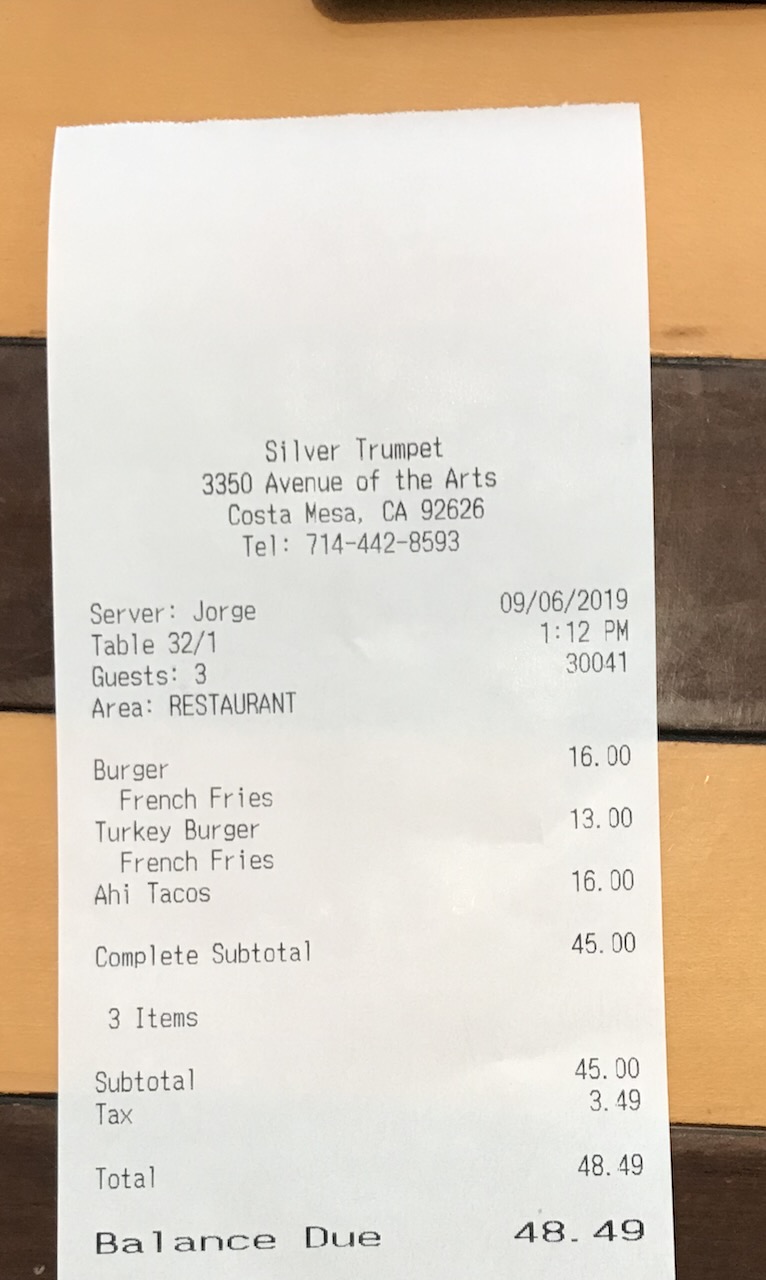 Photo of a Silver Trumpet restaurant receipt
