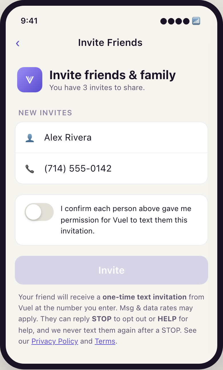 Vuel Invite Friends screen showing the friend's name and mobile number fields, the Invite button, and the SMS disclosure underneath