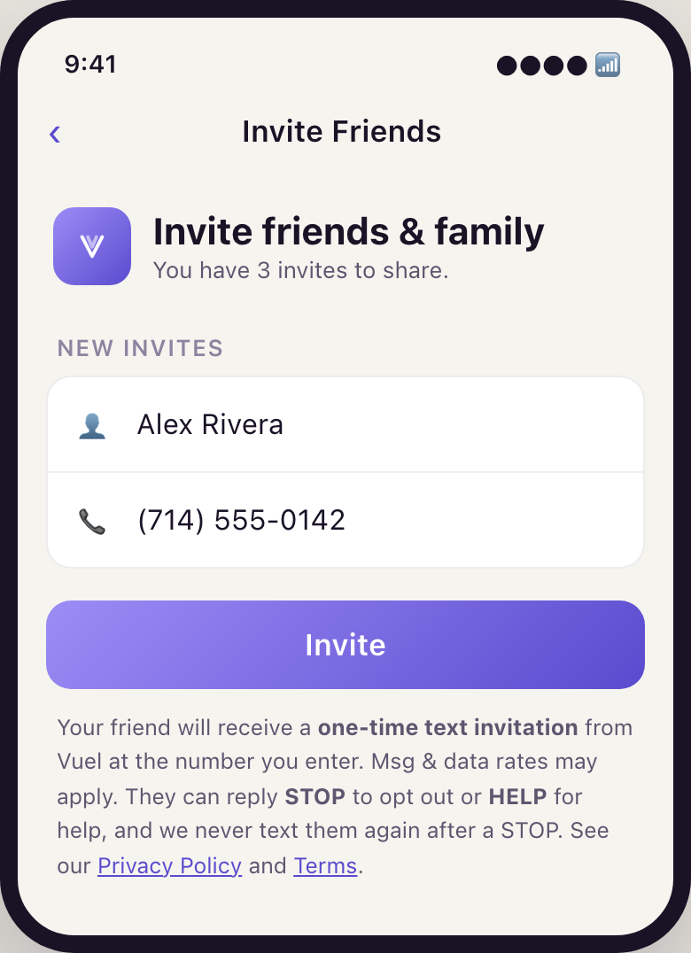 Vuel Invite Friends screen filled in with a friend's name and number, disclosure visible, ready to send one invitation text