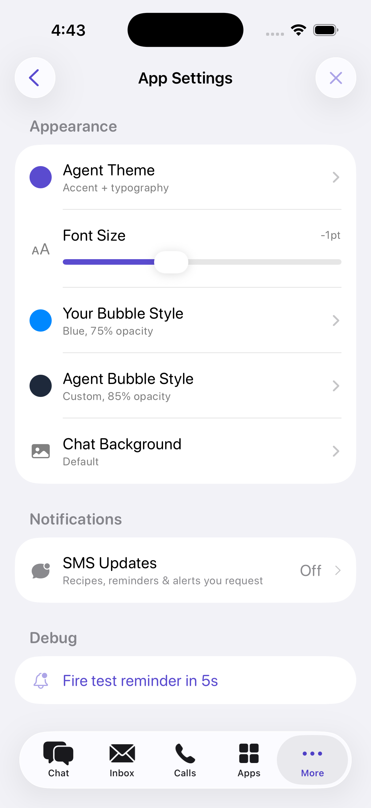 Vuel App Settings screen showing the Notifications section with the SMS Updates row set to Off