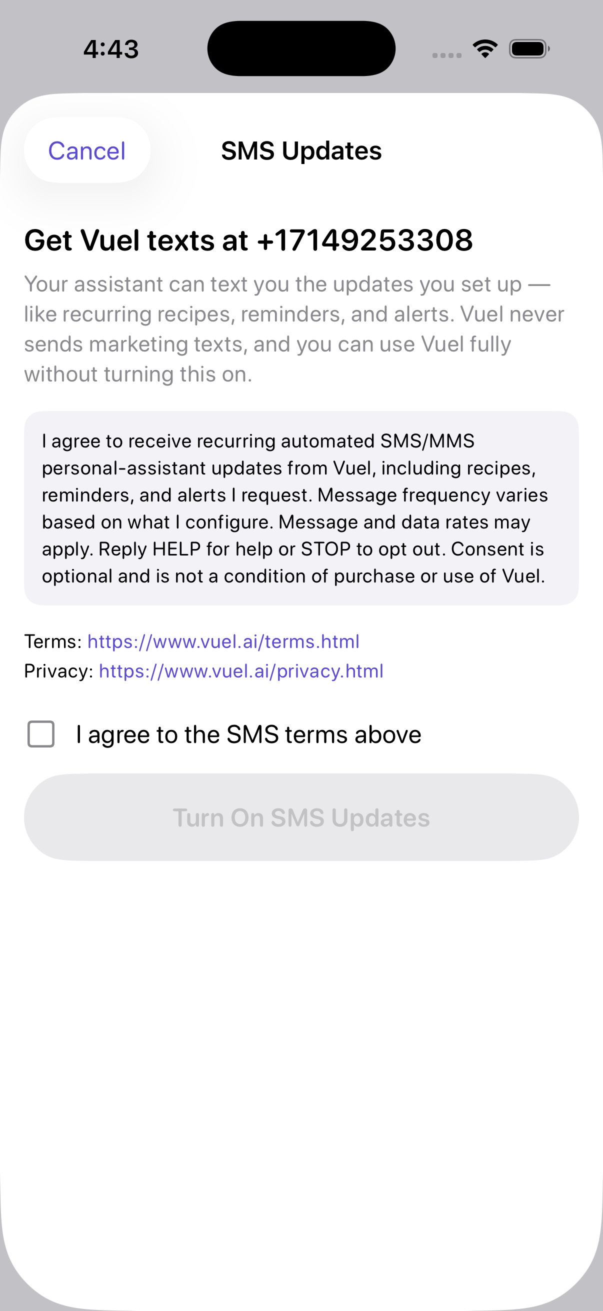 Vuel SMS consent screen showing the full disclosure with the agreement checkbox unchecked and the confirm button disabled