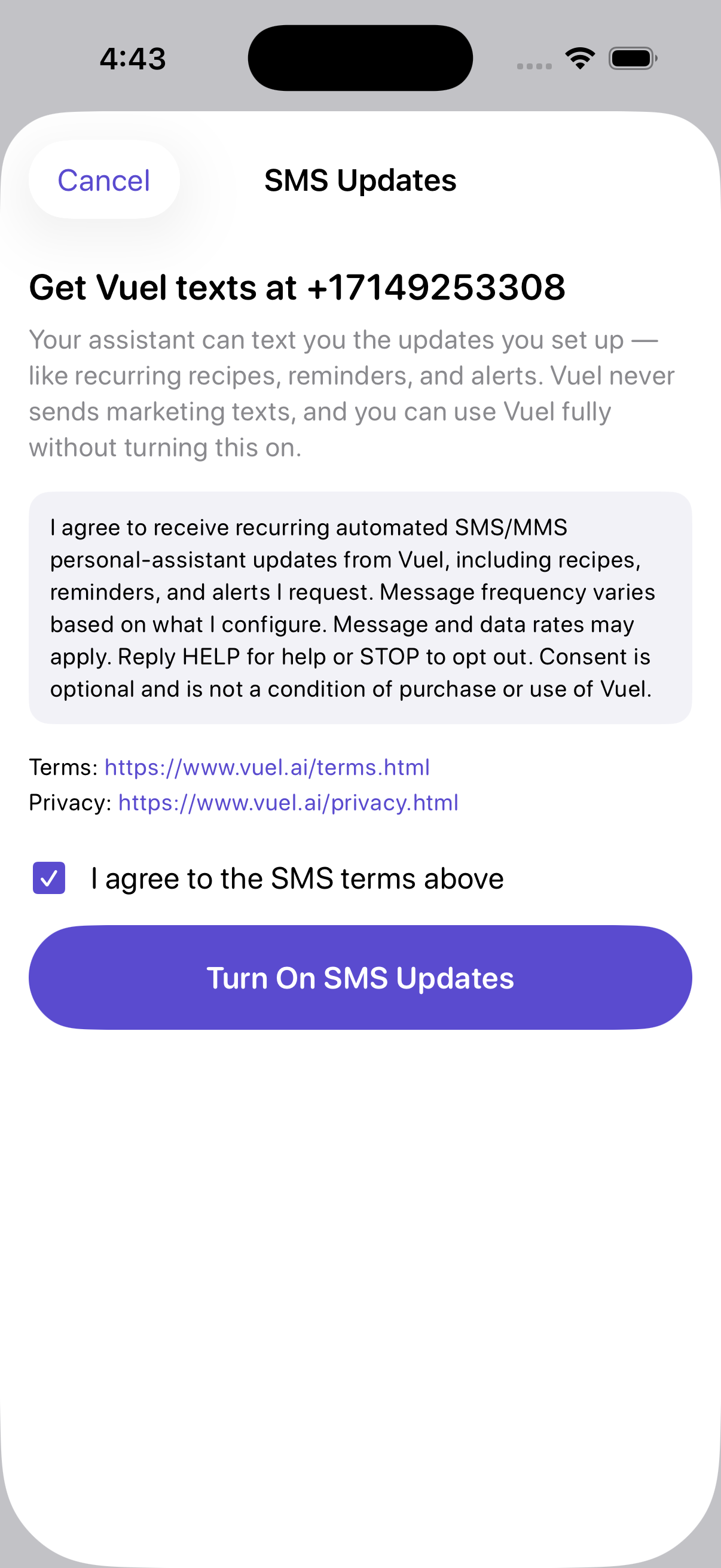 Vuel SMS consent screen with the agreement checkbox checked and the Turn On SMS Updates button enabled