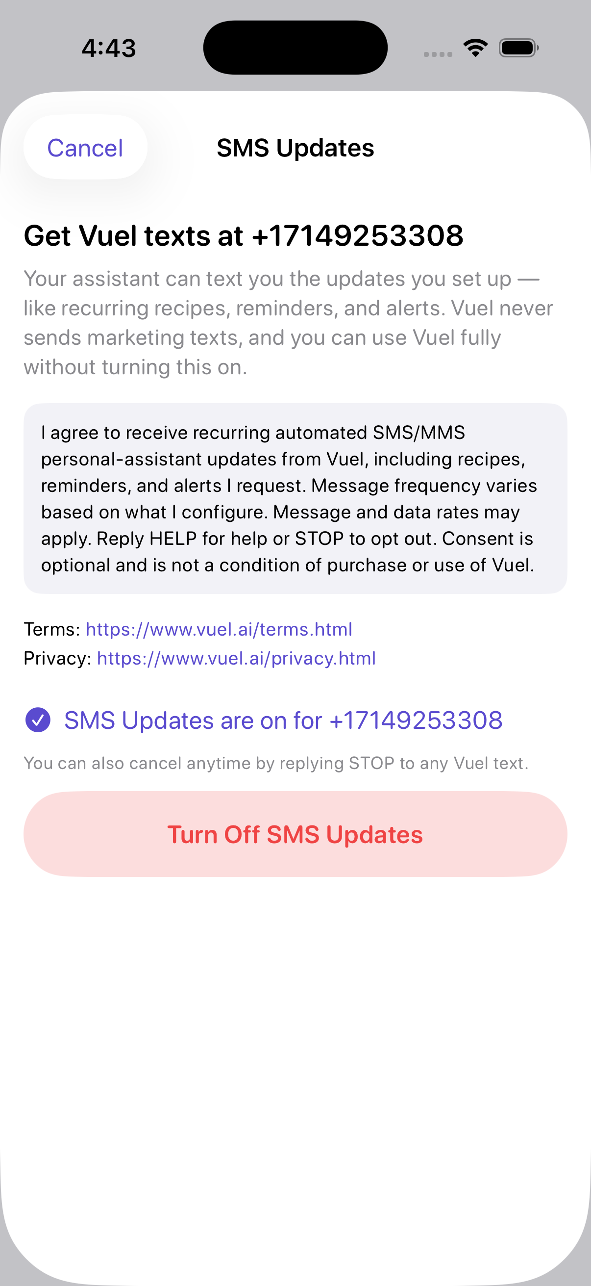 Vuel SMS Updates enabled confirmation showing the user's number and the option to turn it off